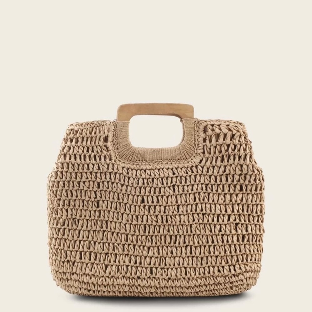 Braided tote bag with wooden handle